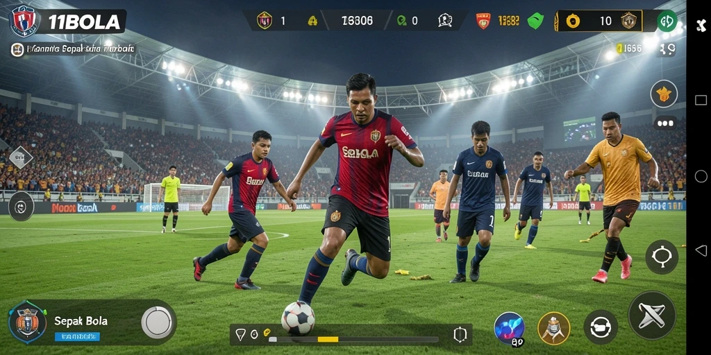 Gameplay mendebarkan dalam 11BOLA yang menampilkan aksi sepak bola.