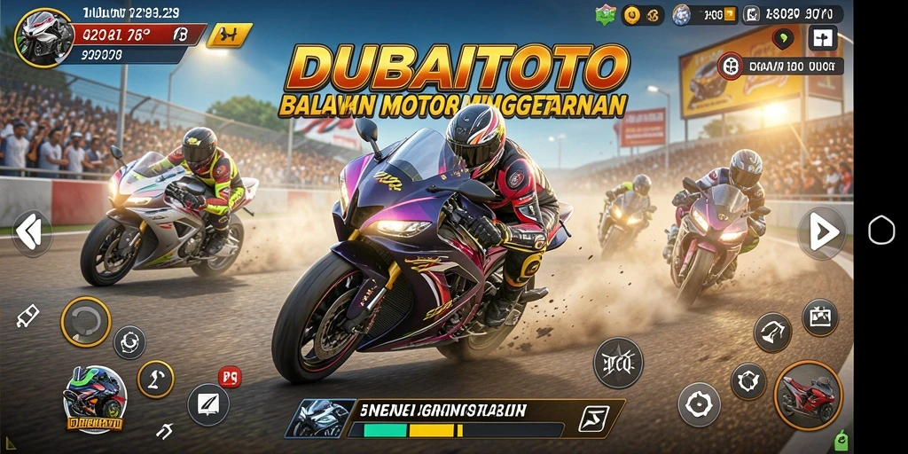 Screenshot gameplay DUBAITOTO menampilkan balapan motor yang mendebarkan.