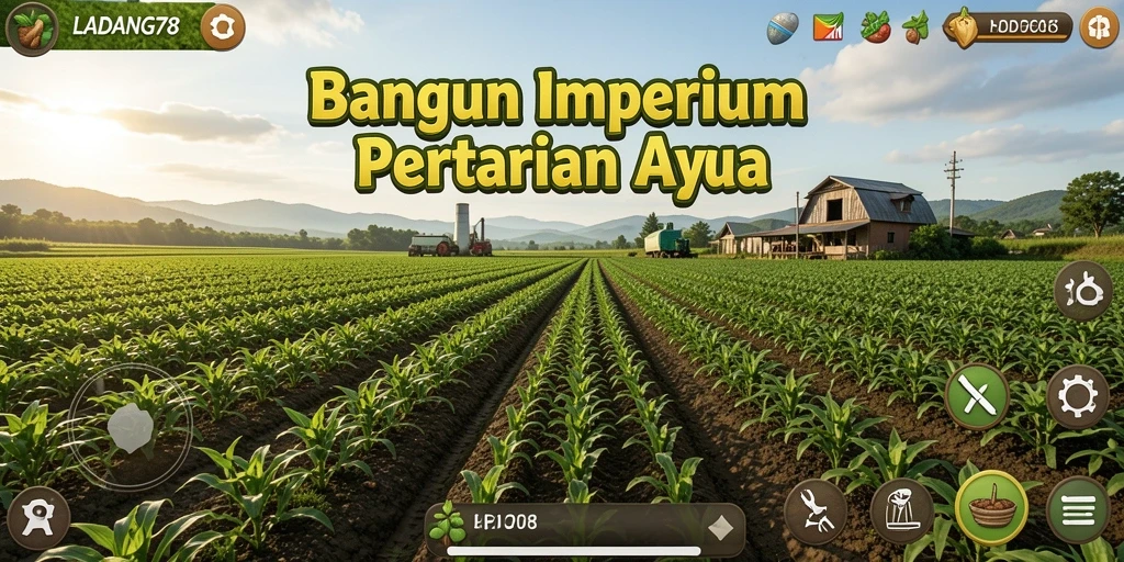 Screenshot menampilkan gameplay <strong>LADANG78</strong> dengan ladang yang subur dan aktivitas pertanian.