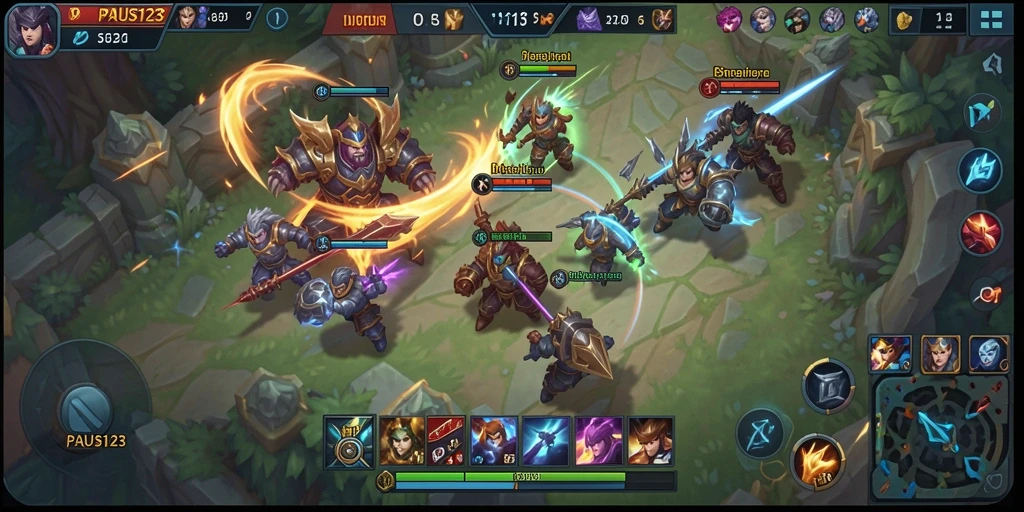 Screenshot utama PAUS123 menunjukkan aksi seru dalam pertempuran MOBA.